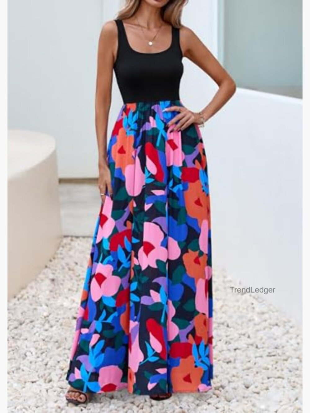 Boho Floral Maxi Dress Sleeveless Scoop Neck A-Line Flowy Summer Sundress with - Picture 3 of 7